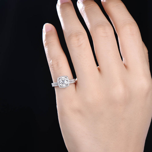 Diamond Halo 6.5mm Cushion Moissanite Engagement Ring Set 1 Carat White Gold