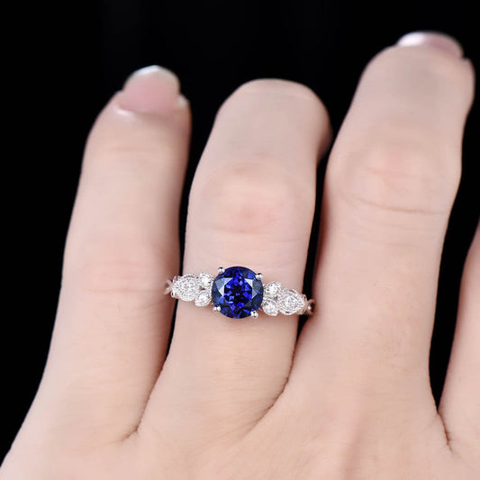 1CT Floral Blue Sapphire Milgrain Lab Sapphire Engagement Ring 14k/18k White Gold