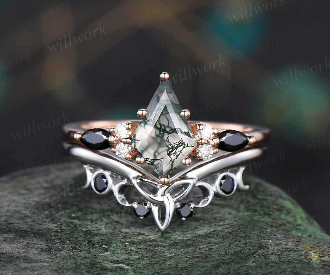 Kite Cut Green Moss Agate Engagement Ring Set Art Deco Solid 14k Rose Gold Vintage Moissanite Ring Wwomen Black Diamond Wedding Ring Band