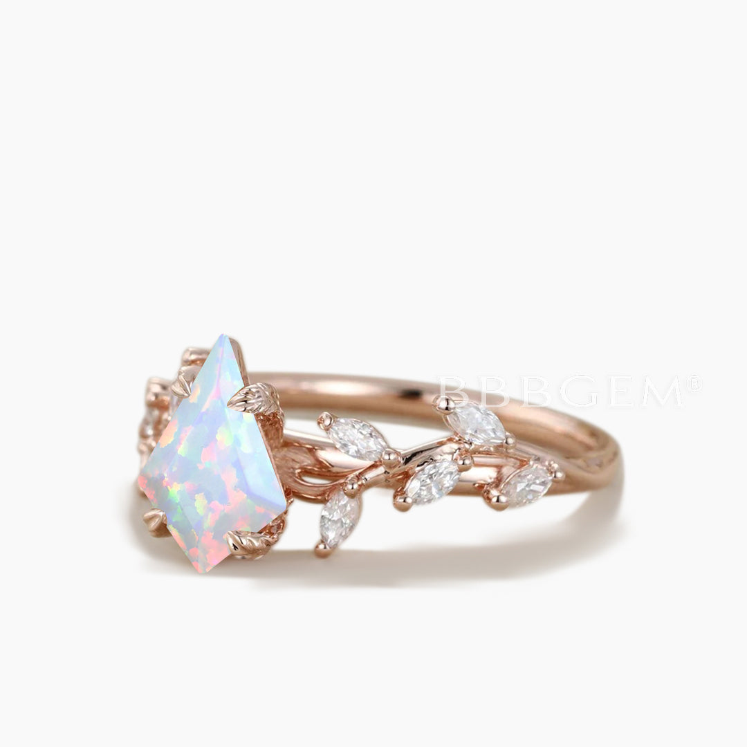 Kite Cut White Opal Engagement Ring Cluster Leaf Vine Bridal Bypass Ring