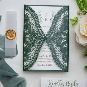 Hunter Green Laser Cut Wedding Invitations With Transparent Vellum Belly Band And Leaf Wax Seal Sticker Swws200