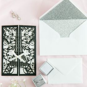 Paris At Night-Black Glittery Laser Cut Wrap With Eiffel Tower Pattern And Bow Swws256