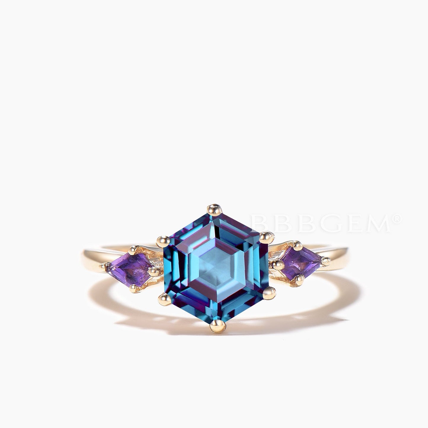 Hexagon Cut Color-change Alexandrite Bridal Set Amethyst Three Stone Ring