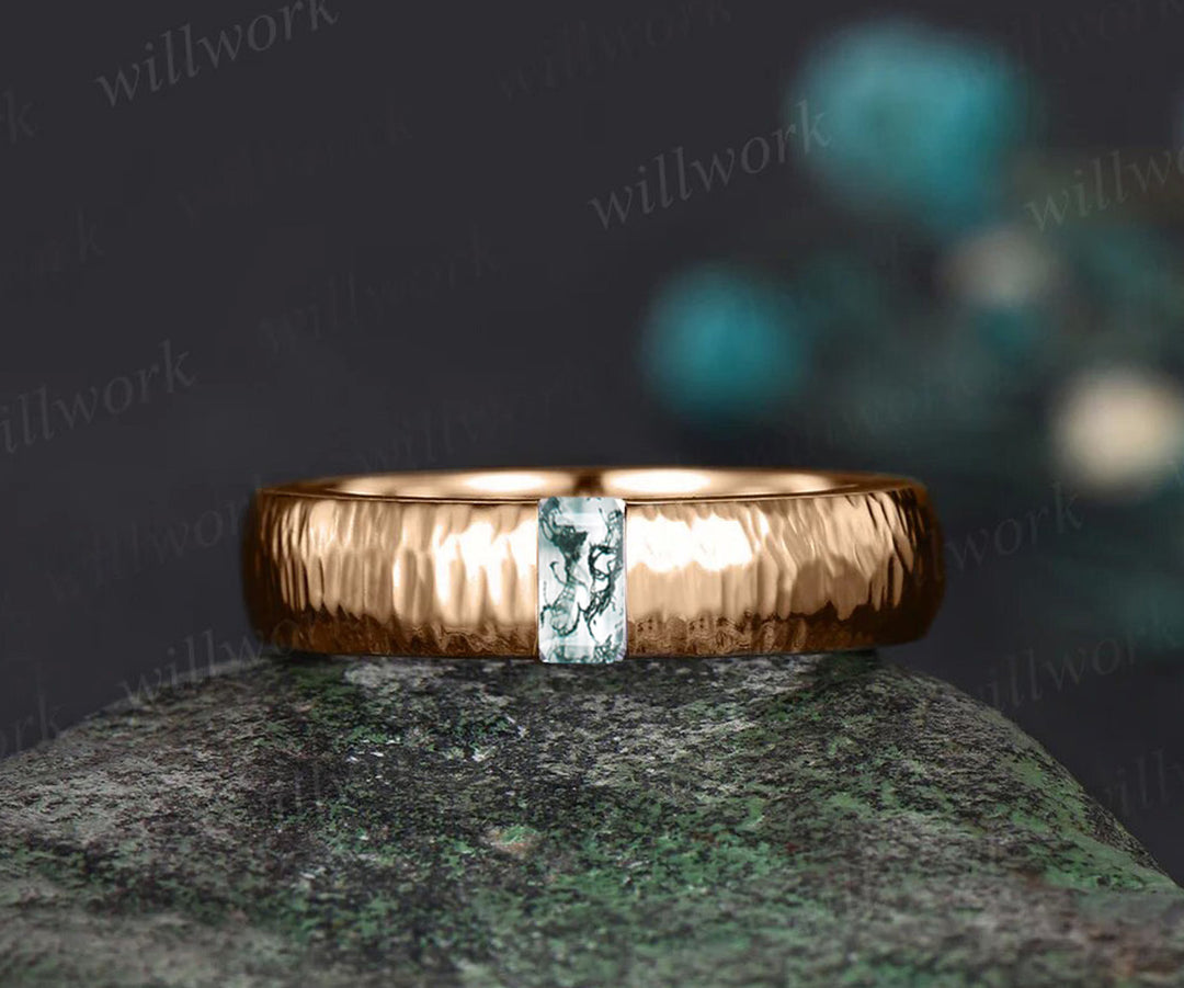 14k Rose Gold Wedding Band Green Moss Agate Men's Ring Gift For Him Anniversary Gift