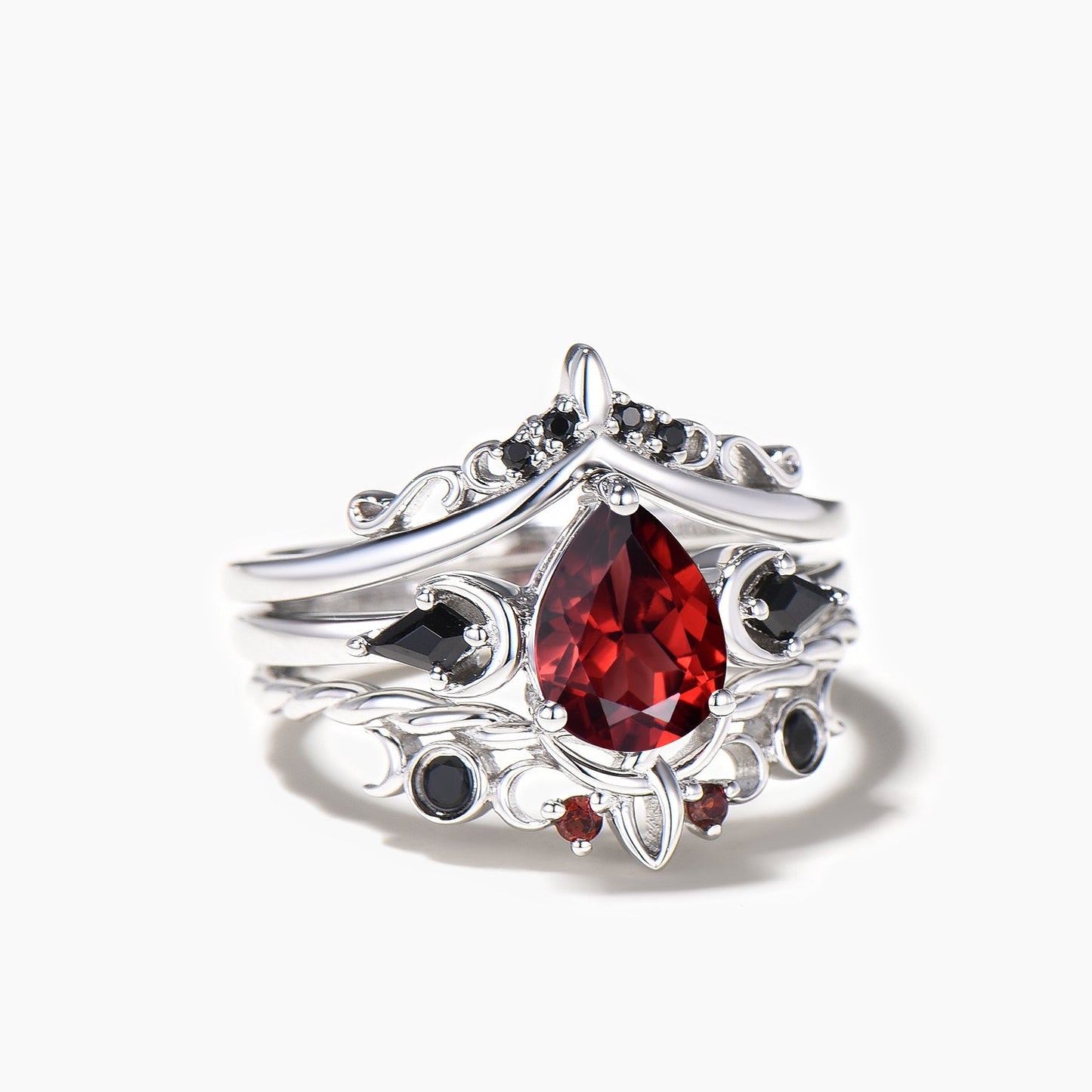 3pcs Pear Cut Garnet Moon Engagement Ring Black Spinel Celtic Knot Bridal Set