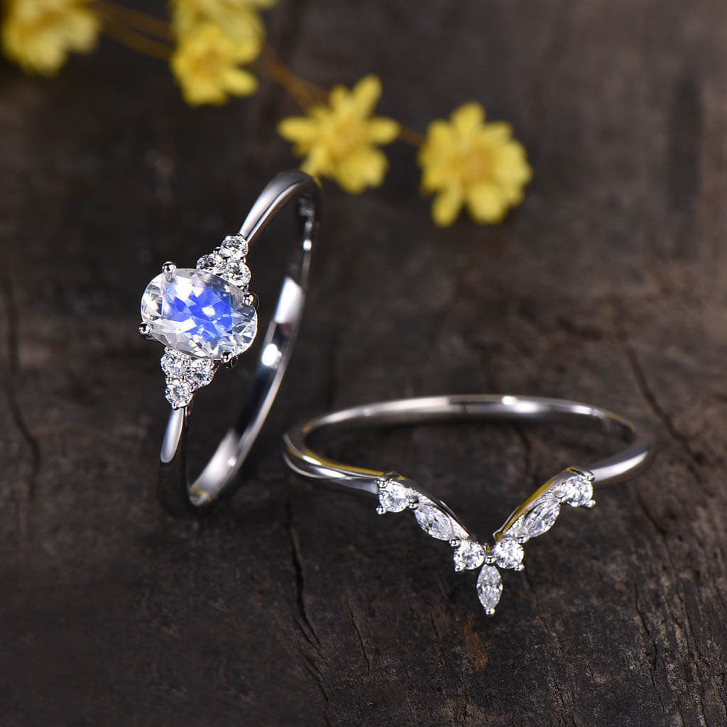 1 Carat Rainbow Moonstone Engagement Ring Set Cluster Dimaond/Moissanite Curve Band Art Deco 2pcs