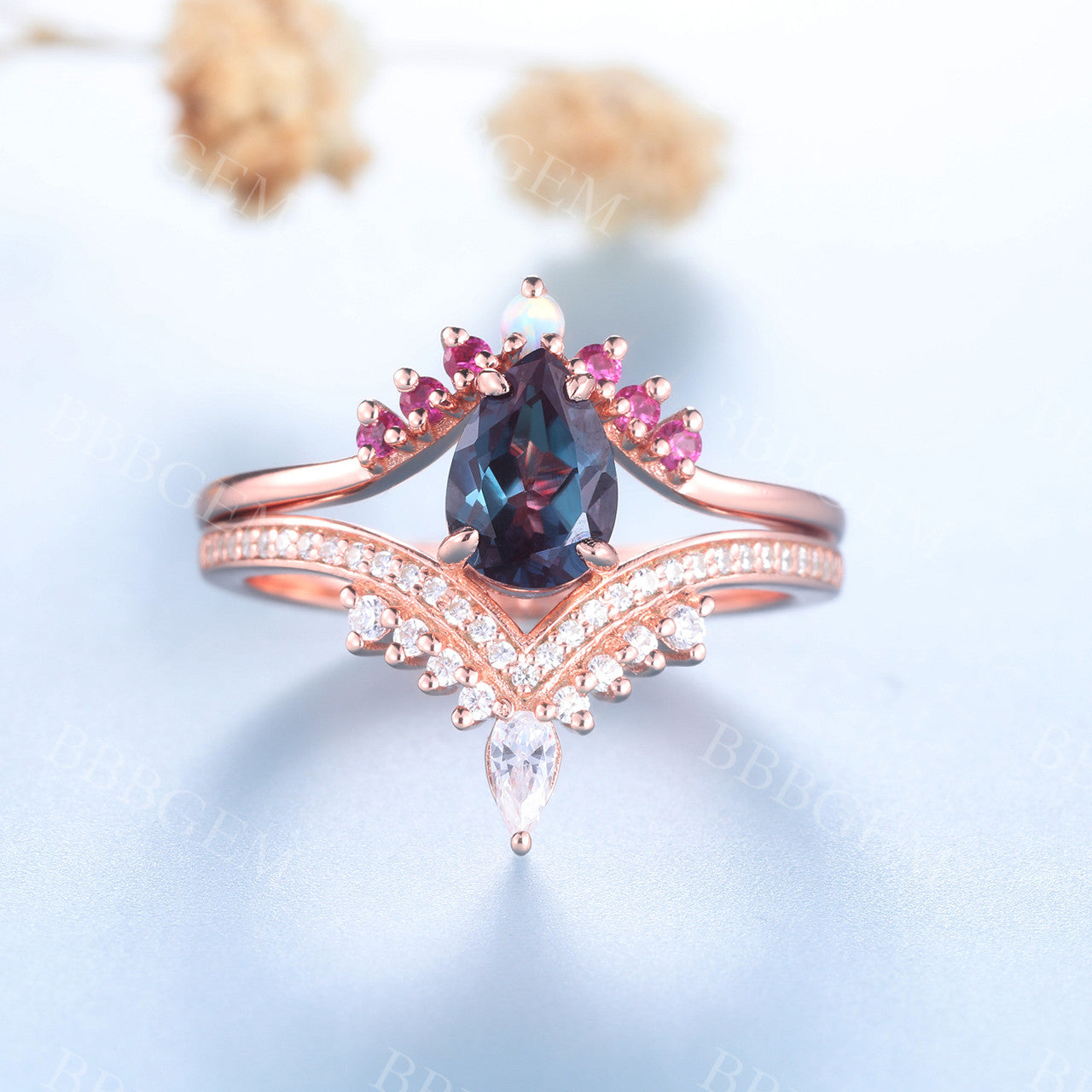 14K/18K Alexandrite Diamond Engagement Rings Rose Gold Wedding Set