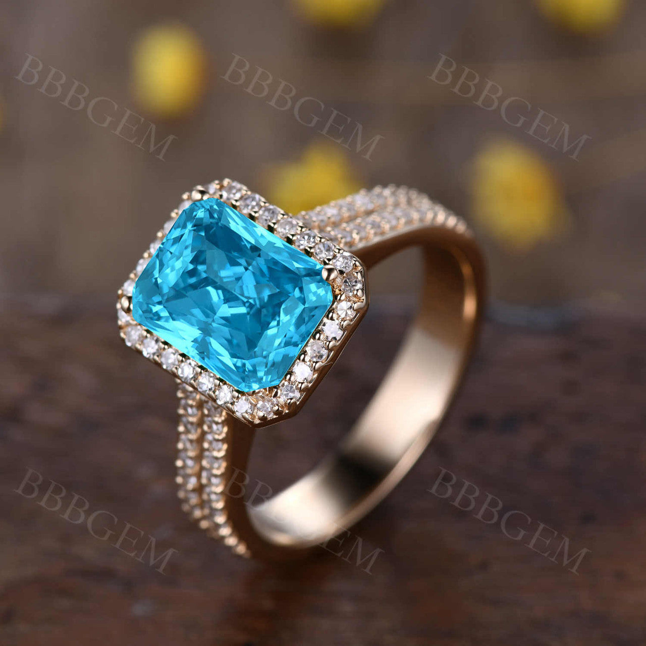 4 Carat Diamond Halo Swiss Blue Topaz Ring 8x10mm Emerald Cut 4mm Diamond Wedding Band Yellow Gold