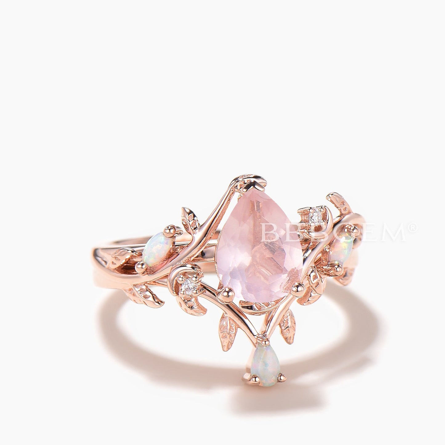 1.25CT Pear Cut Rose Quartz Engagement Ring Opal Nature Inspired Bridal Set