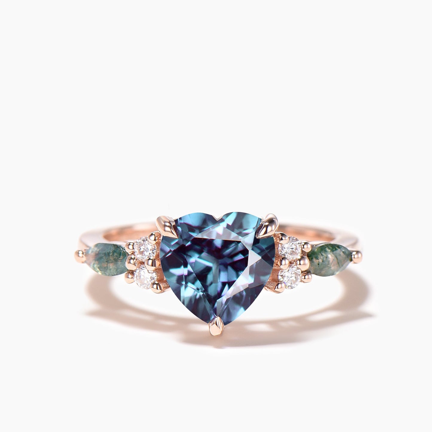 Heart Cut Color-change Alexandrite Bridal Set Moss Agate Diamond Cluster Ring