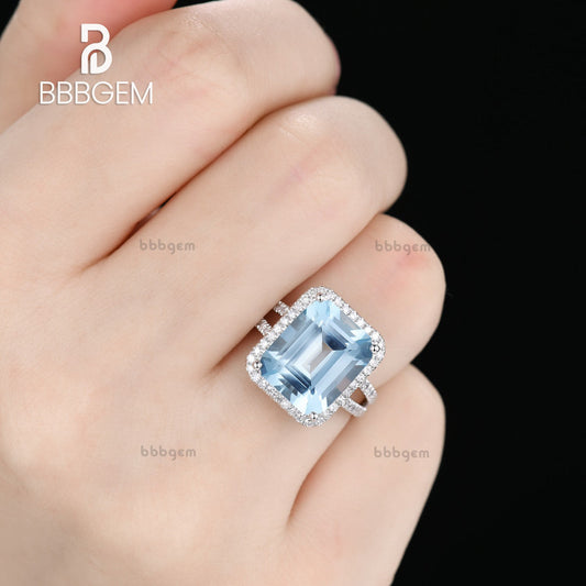 10x12mm Emerald Cut Aquamarine Engagement Ring Diamond Wedding Ring 14k White Gold Split Shank Halo Prong Set