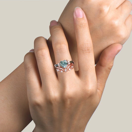 Heart Cut Natural Moss Agate Cluster Engagement Ring Diamond Bridal Set