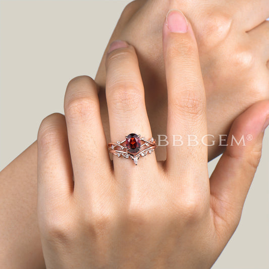 1.5CT Oval Cut Natural Garnet Engagement Ring Diamond Split Shank Bridal Set