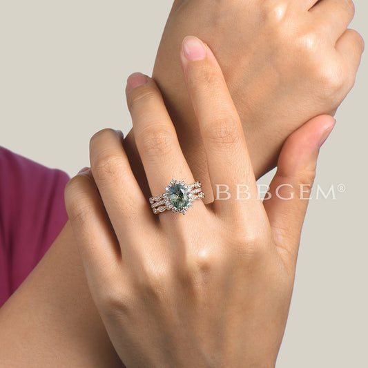 3pcs Oval Cut Natural Moss Agate Diamond Half Eternity Bridal Set Halo Engagement Ring