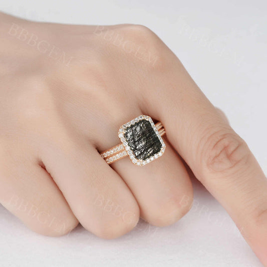 Diamond Halo Natural Black Rutilated Quartz Engagement Ring 8X10mm Emerald Cut Rose Gold