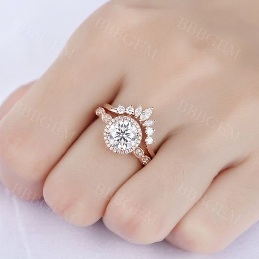 1.25 Carat Art Deco Round Cut Moissanite Engagement Ring Moissanite Wedding Band Rose Gold