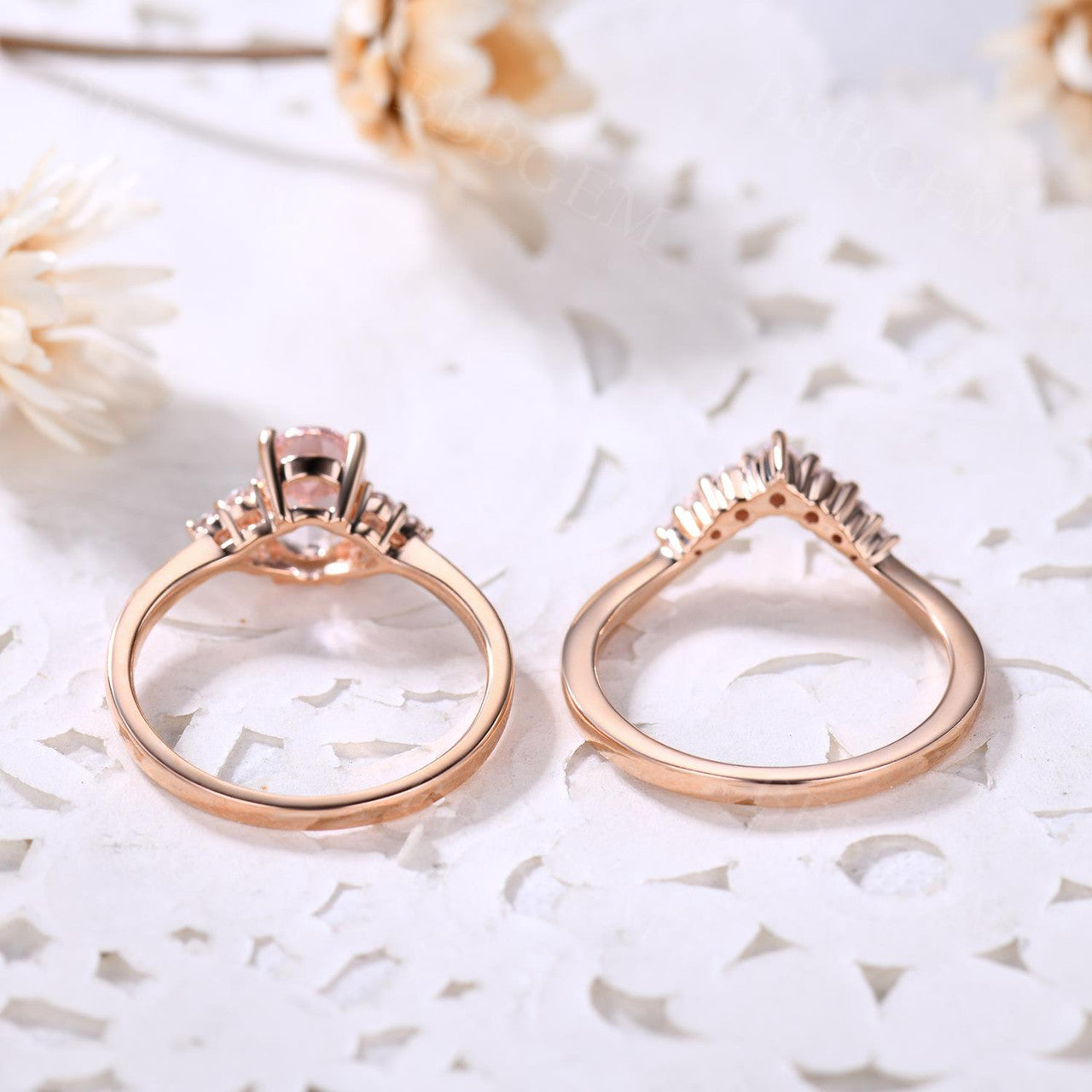 1 Carat Oval Shaped Morganite Bridal Set Curved Diamond Moissanite Wedding Ring