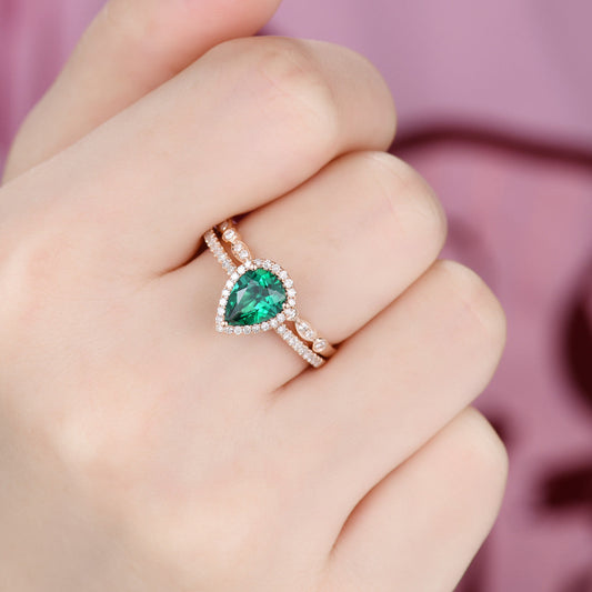 1 Carat Teardrop Emerald Engagement Ring Set Diamond Wedding Band 14k Yellow Gold Art Deco Milgrain Stacking