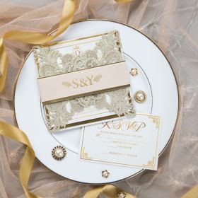 Glowing In Gold- Glittery Gold Laser Cut Wrap With Vellum Belly Band And Gold Foil Imprint Swws177