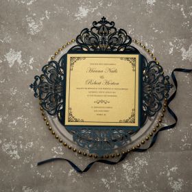 Unique Laser Cut Navy Blue And Gold Wedding Invitations With Belly Band CLCI048
