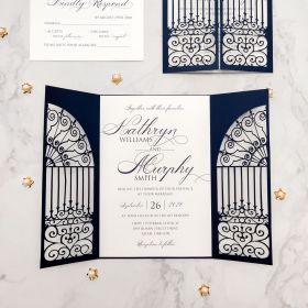 Modern Navy Blue Gate Folded Laser Cut Wedding Invitations CLCI130