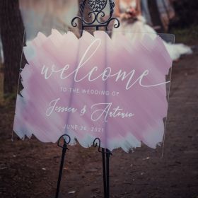 Custome Water Color Painting Acrylic Wedding Welcome Sign Brushed Back CS045