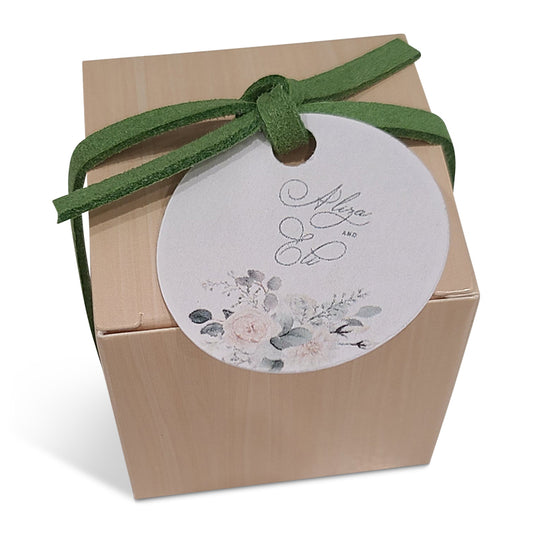 Wood Look Favor Box With Green Floral Design Tag & Suede Cord