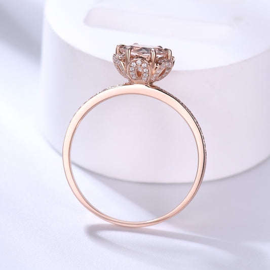 Floral 7mm Round Cut Natural Morganite Engagement Ring Diamond Hidden Halo Crown