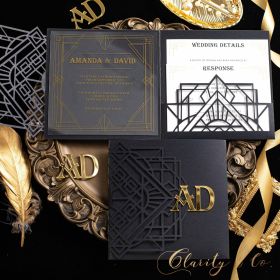 Modern Great Gatsby Inspired Black Laser Cut Pocket With Acrylic Invitations CAPL065T
