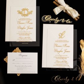 Impressed UV Printed Acrylic Invitation with Golden Monogram Designed Name Tag CAX149T