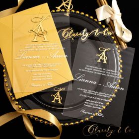 Chic Calligraphy Acrylic Wedding Invitation with Elegant Gold Name Tag CAX155T