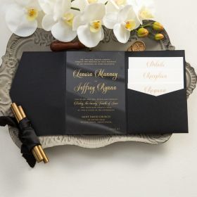 Modern Gold Script Calligraphy Acrylic Wedding Invitations with Black Pocket CAPL010