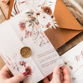 Boho Terracotta Floral Acrylic Wedding Invites With Printed Vellum Pocket CAPV015