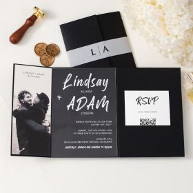 Modern Calligraphy Acrylic Wedding Invites with Black Pocket and Photo CAPL011