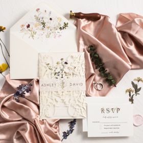 Elegant Laser Cut Pocket with Wildflower Clear Acrylic Invitation and Printed Vellum Belly Band CAPL016
