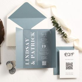Dusty Blue Pocket with Modern QR Code Acrylic Invite and Transparent Vellum Belly Band CAPL017