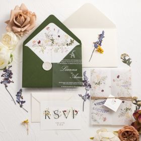 Elegant Monogram Acrylic Wedding Invitations with Printed Wildflower Vellum Pocket and Twine CAPV025