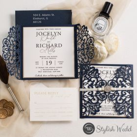 Classic Navy Blue Laser Cut Wedding Invitation With Ribbon And Rhinestone Swws322