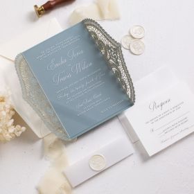 Dusty Blue Delight Laser Cut Acrylic Invitation With pearl White Wax Seal CAPL032
