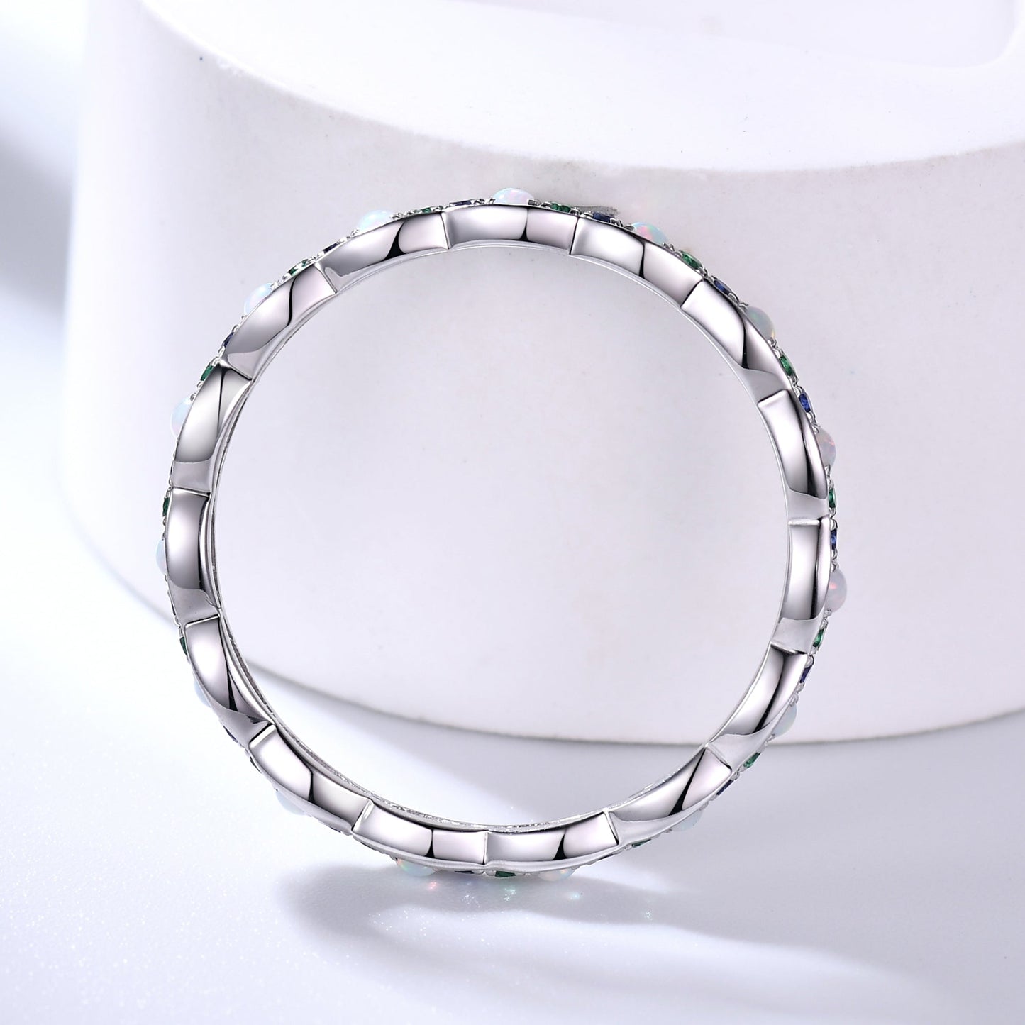 Family Birthstone White Gold Wedding Band Opal Emerald Sapphire Full Eternity Ring