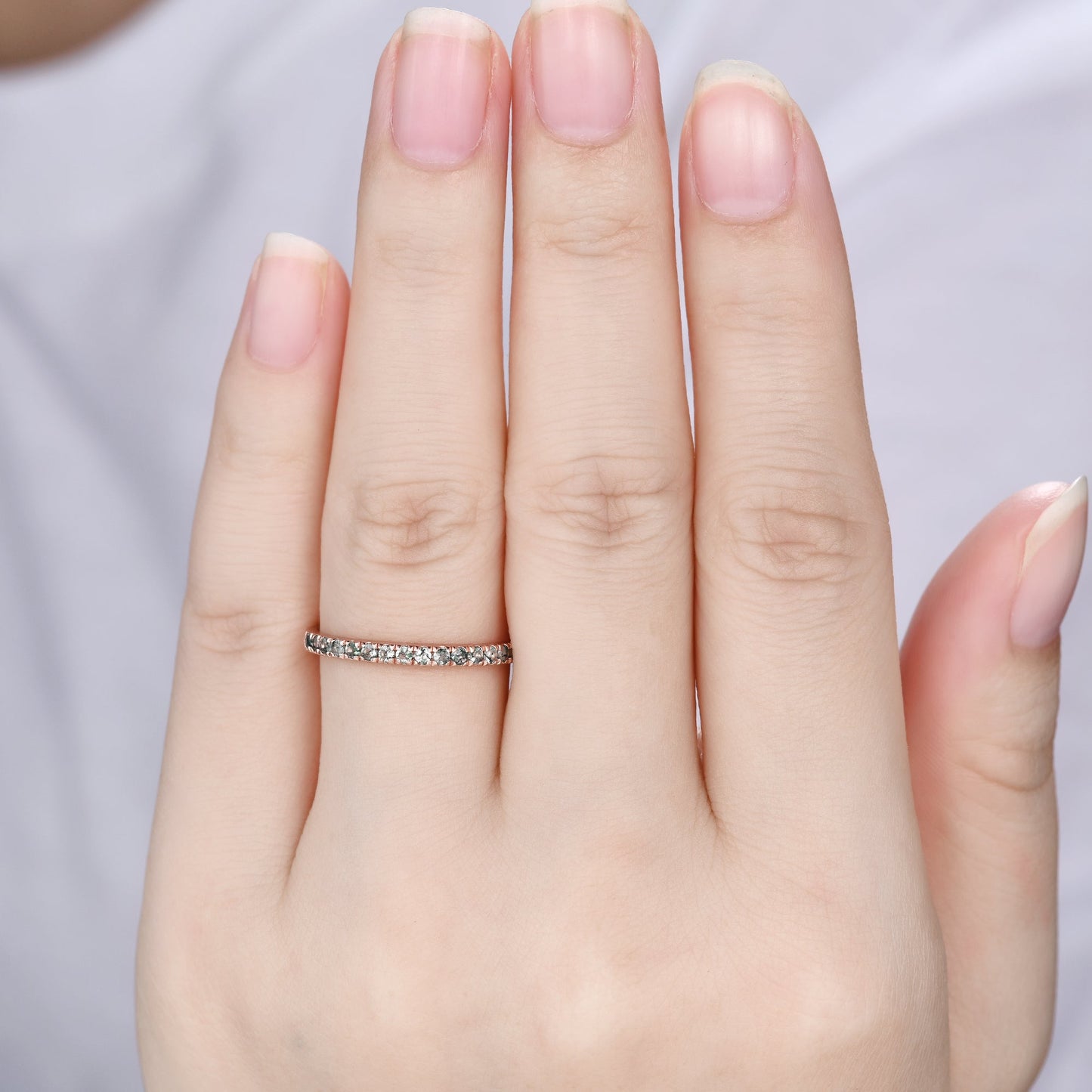 Green Moss Agate Wedding Band Rose Gold Half Eternity Ring Petite 2mm