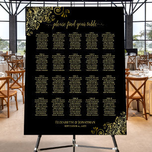 20 Table Frilly Black & Gold Wedding Seating Chart Foam Board