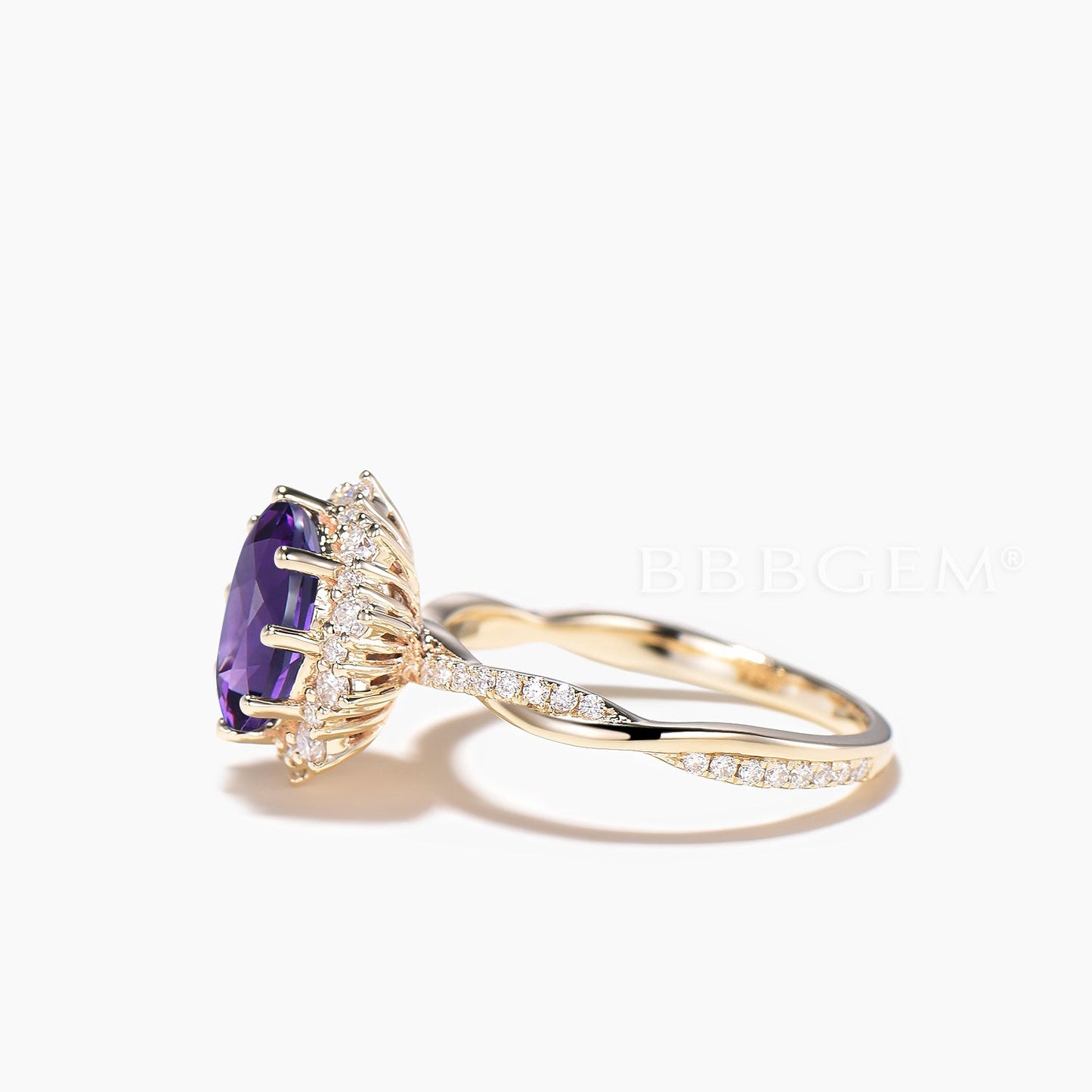 1.5CT Oval Cut Natural Amethyst Twisted Engagement Ring Diamond Halo Ring