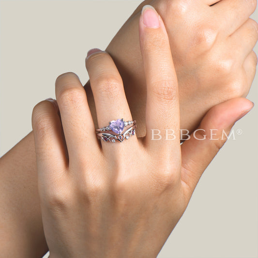 1.2CT Heart Cut Natural Lavender Amethyst Engagement Ring Diamond Bridal Set