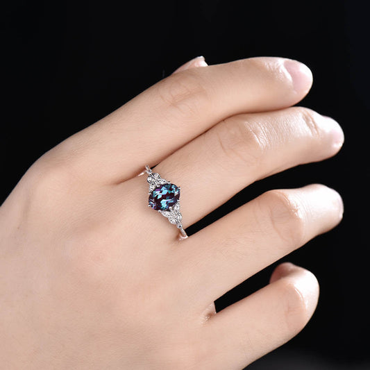 14K/18K Gold Oval Alexandrite Engagement Ring Nadia Marquise Micro Pave