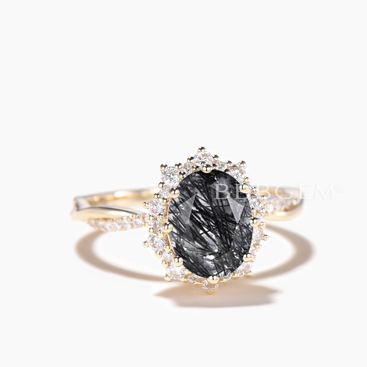 1.5CT Oval Cut Natural Black Rutilated Quartz Twisted Ring Diamond Halo Ring