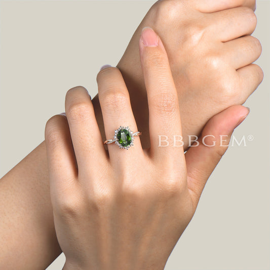 Diamond Halo Ring Oval Cut Natural Green Tourmaline Twisted Wedding Ring