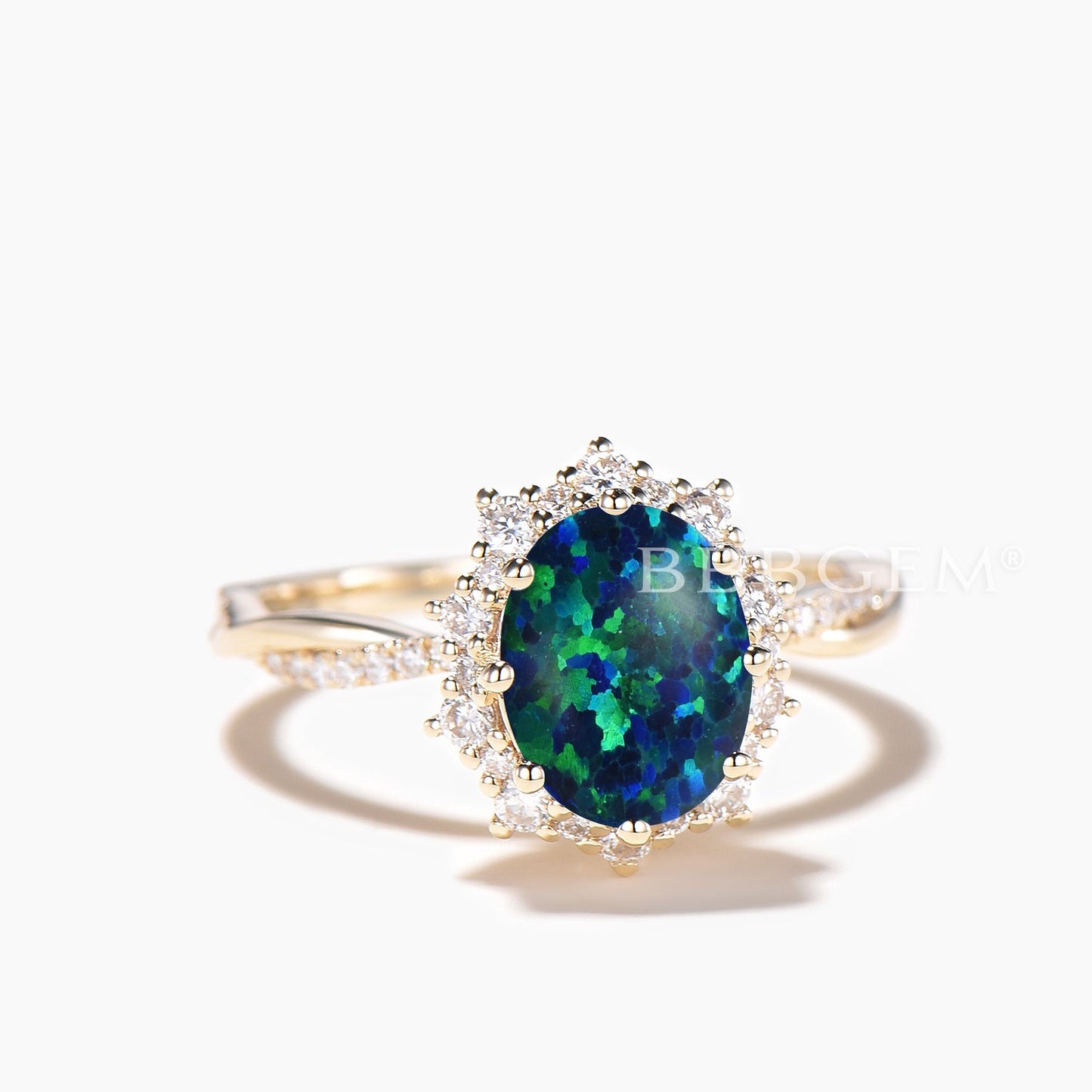 1.5CT Oval Cut Black Opal Engagement Ring Diamond Halo Twisted Ring