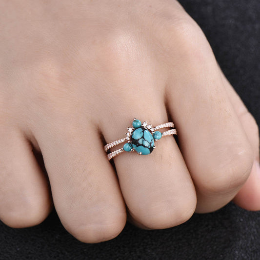 14K/18K Gold Three Stone Turquoise Diamond Halo Engagement Ring Set
