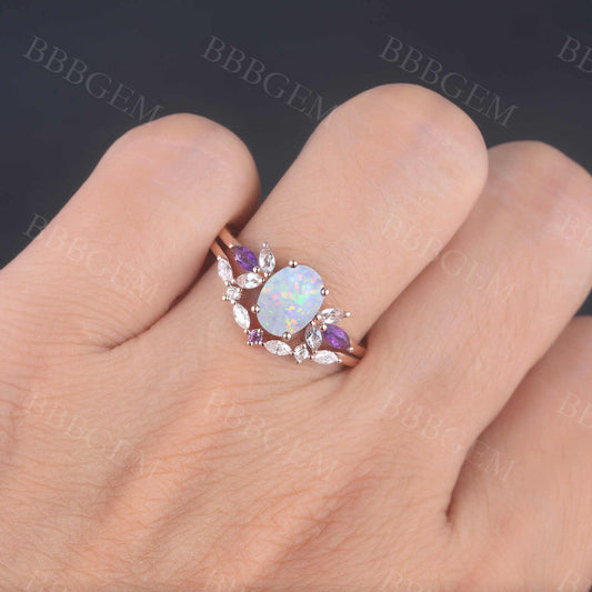 1.5 Carat Oval Cut Opal Engagement Ring Marquise Shaped Mossanite Band